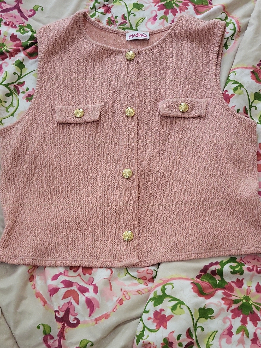 Pink Textured Sleeveless Crop Top with Gold Buttons